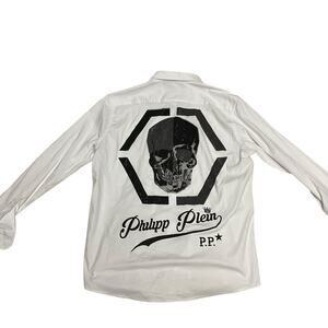 Philip Plein Men's White Button Down With Jeweled Skull Graphic Size XXL